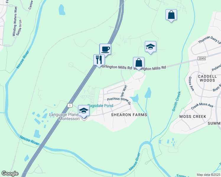 map of restaurants, bars, coffee shops, grocery stores, and more near 4453 Middletown Drive in Wake Forest