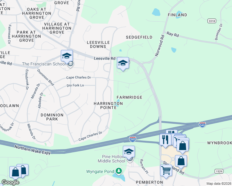 map of restaurants, bars, coffee shops, grocery stores, and more near 6042 McDevon Drive in Raleigh