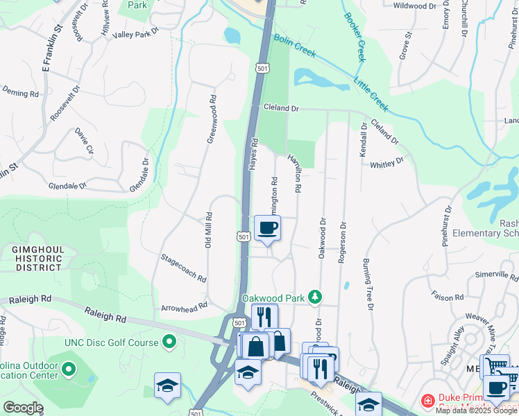 map of restaurants, bars, coffee shops, grocery stores, and more near 200 Hayes Road in Chapel Hill
