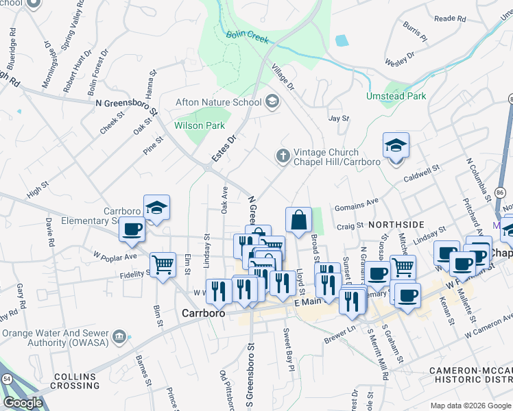 map of restaurants, bars, coffee shops, grocery stores, and more near 603 North Greensboro Street in Carrboro