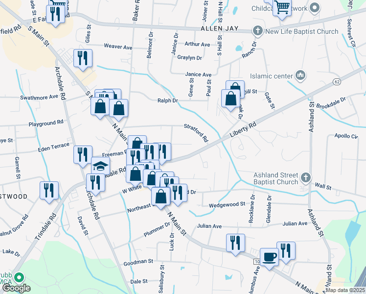 map of restaurants, bars, coffee shops, grocery stores, and more near 311 Kersey Drive in Archdale