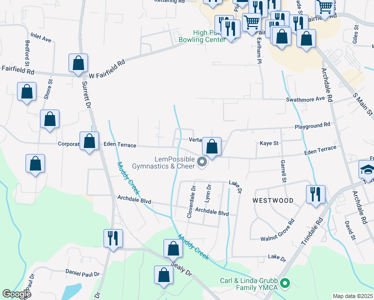 map of restaurants, bars, coffee shops, grocery stores, and more near 722 Eden Terrace in Archdale