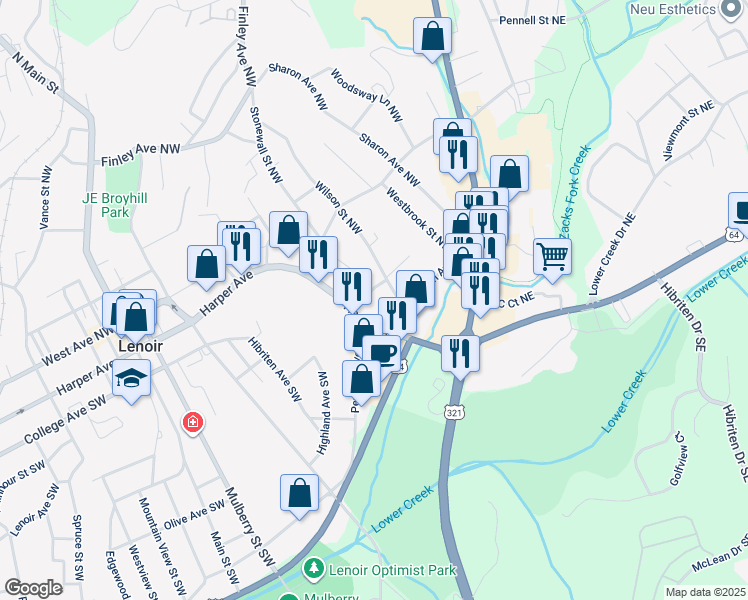 map of restaurants, bars, coffee shops, grocery stores, and more near 113 Palmer Street Northwest in Lenoir