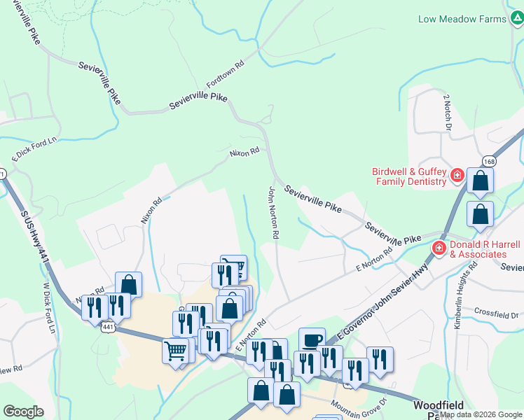 map of restaurants, bars, coffee shops, grocery stores, and more near 7207 John Norton Road in Knoxville