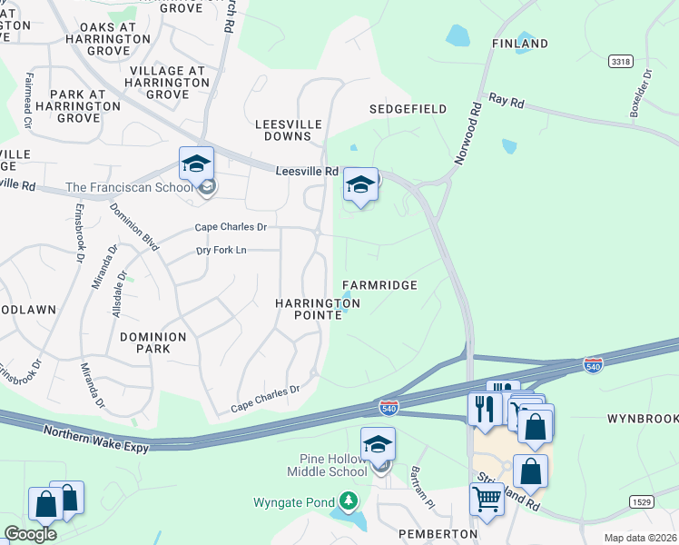 map of restaurants, bars, coffee shops, grocery stores, and more near 6042 McDevon Drive in Raleigh