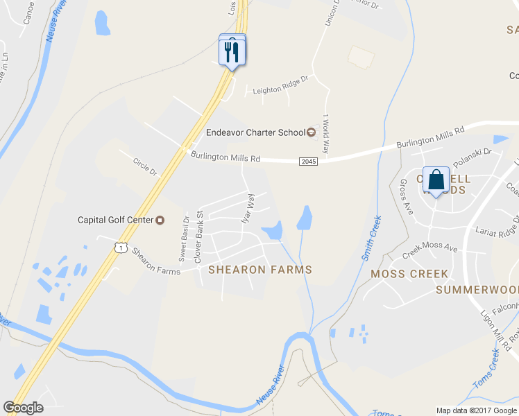 map of restaurants, bars, coffee shops, grocery stores, and more near 4520 Middletown Drive in Wake Forest