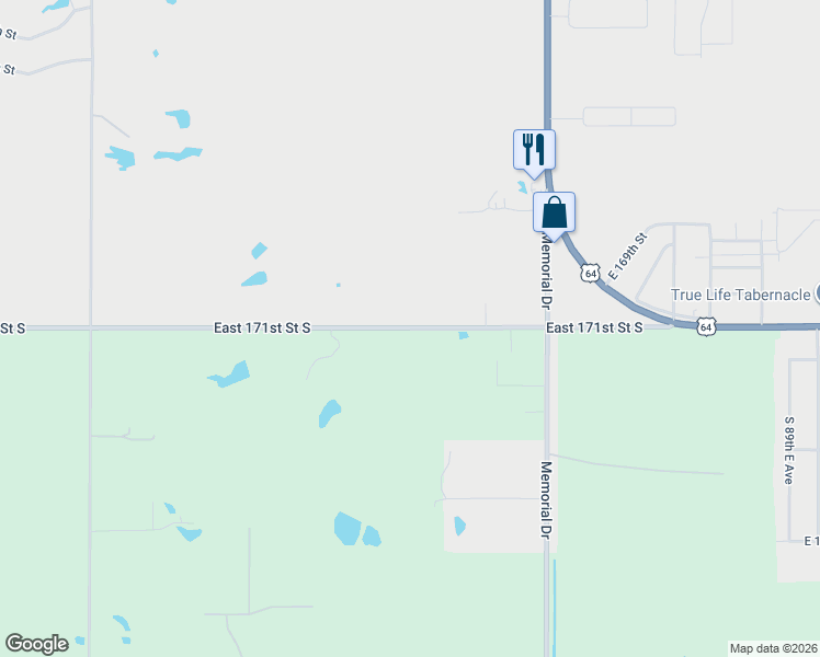 map of restaurants, bars, coffee shops, grocery stores, and more near 7692 East 171st Street South in Bixby
