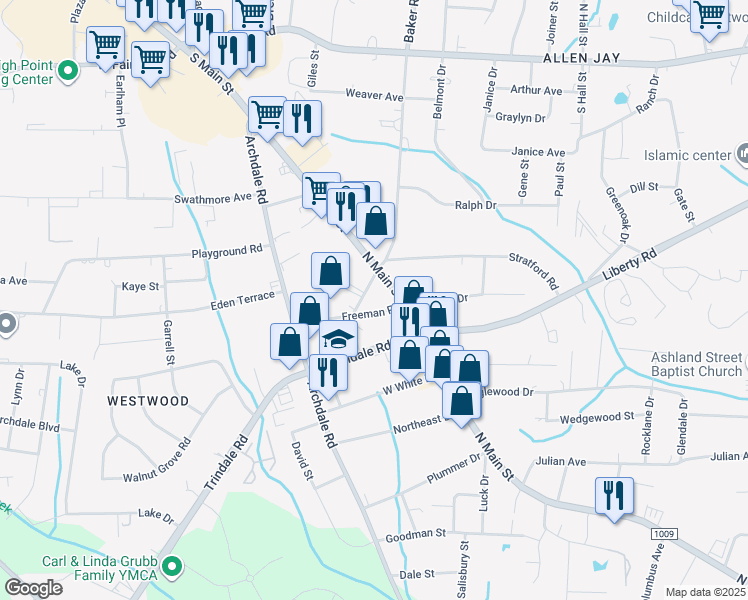 map of restaurants, bars, coffee shops, grocery stores, and more near 11543 North Main Street in Archdale