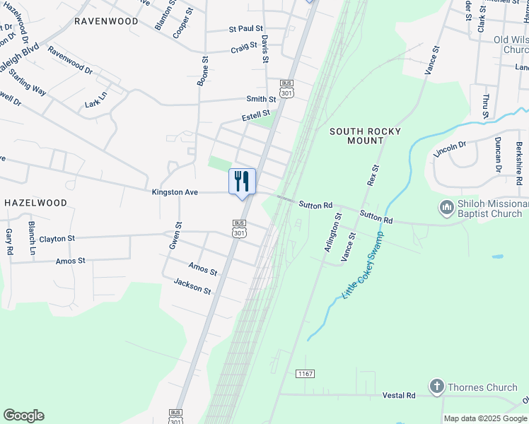 map of restaurants, bars, coffee shops, grocery stores, and more near 2411 South Church Street in Rocky Mount