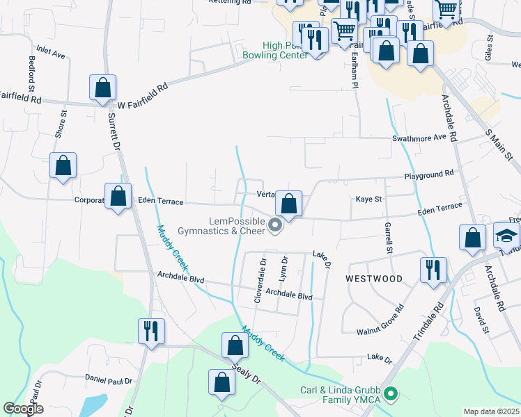 map of restaurants, bars, coffee shops, grocery stores, and more near 720 Eden Terrace in Archdale