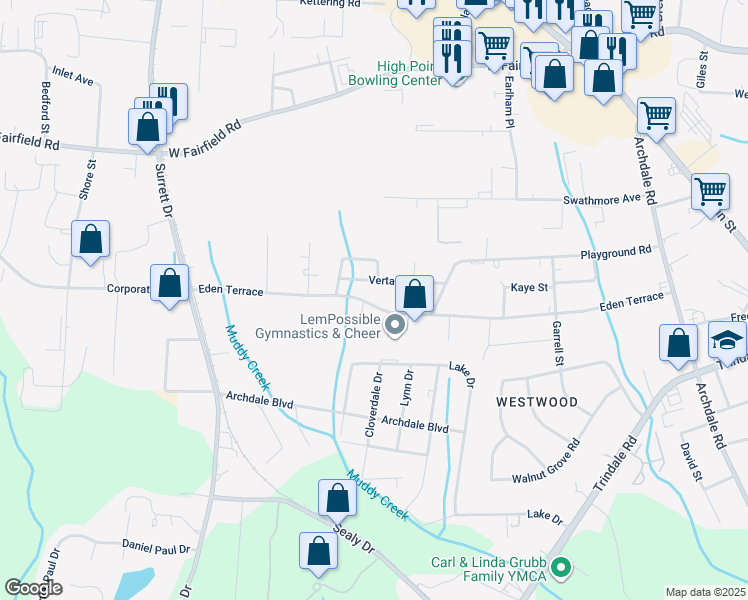 map of restaurants, bars, coffee shops, grocery stores, and more near 720 Eden Terrace in Archdale