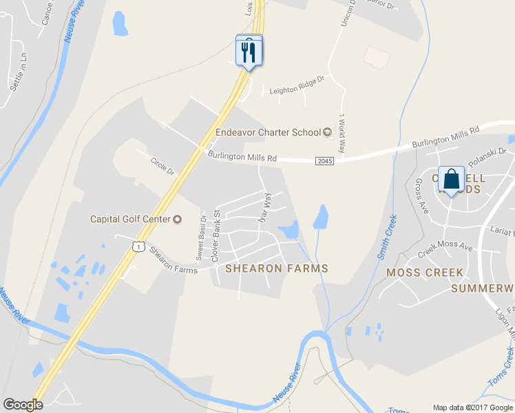 map of restaurants, bars, coffee shops, grocery stores, and more near 4494 Middletown Drive in Wake Forest