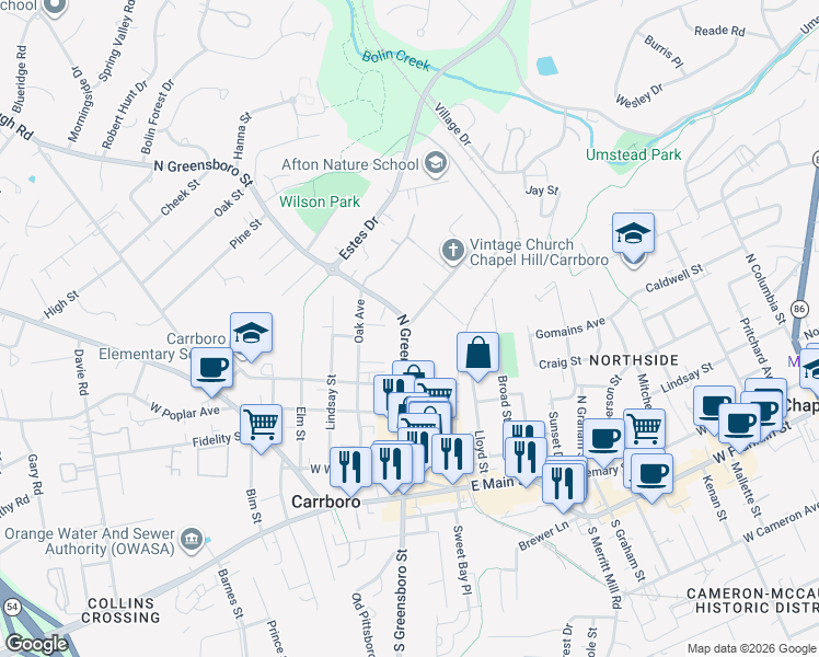 map of restaurants, bars, coffee shops, grocery stores, and more near 603 North Greensboro Street in Carrboro