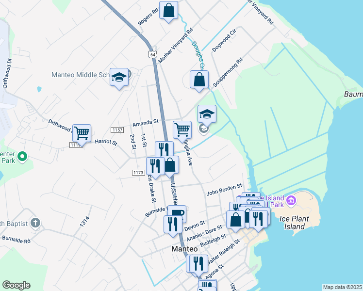 map of restaurants, bars, coffee shops, grocery stores, and more near 900 State Road 1121 in Manteo