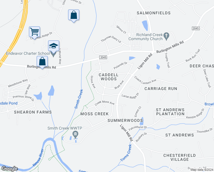 map of restaurants, bars, coffee shops, grocery stores, and more near 8401 Bratt Avenue in Wake Forest