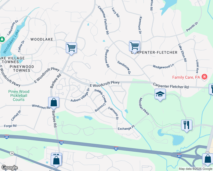 map of restaurants, bars, coffee shops, grocery stores, and more near 1204 Copper Creek Drive in Durham