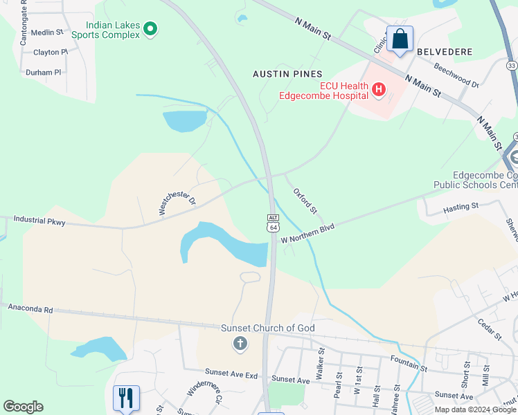 map of restaurants, bars, coffee shops, grocery stores, and more near 1800 Western Boulevard in Tarboro