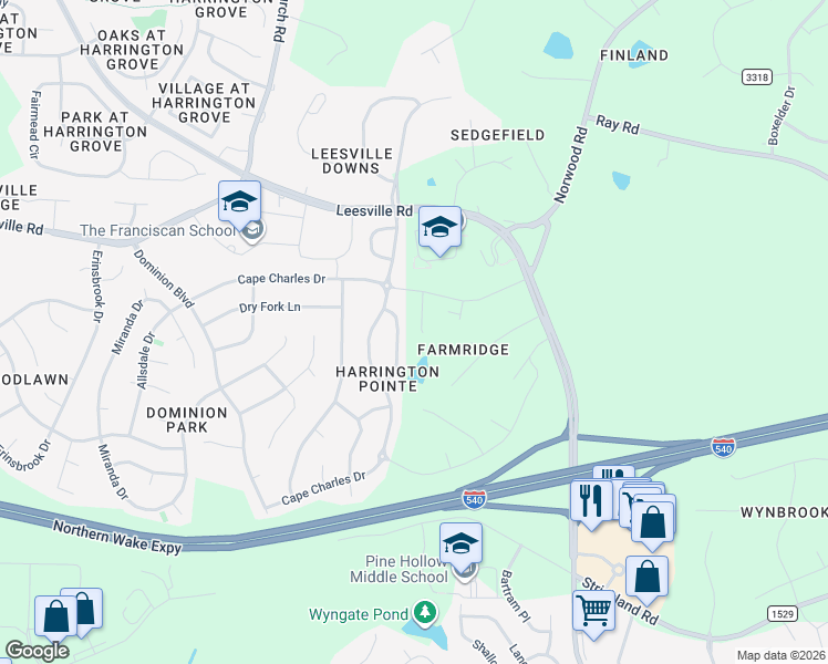 map of restaurants, bars, coffee shops, grocery stores, and more near 6042 McDevon Drive in Raleigh