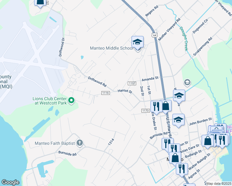 map of restaurants, bars, coffee shops, grocery stores, and more near 950 Harriot Street in Manteo