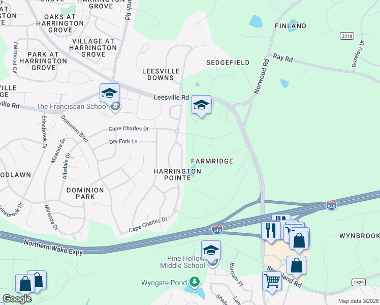 map of restaurants, bars, coffee shops, grocery stores, and more near 6042 McDevon Drive in Raleigh