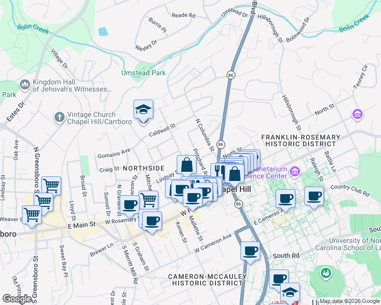 map of restaurants, bars, coffee shops, grocery stores, and more near 411 Pritchard Avenue in Chapel Hill