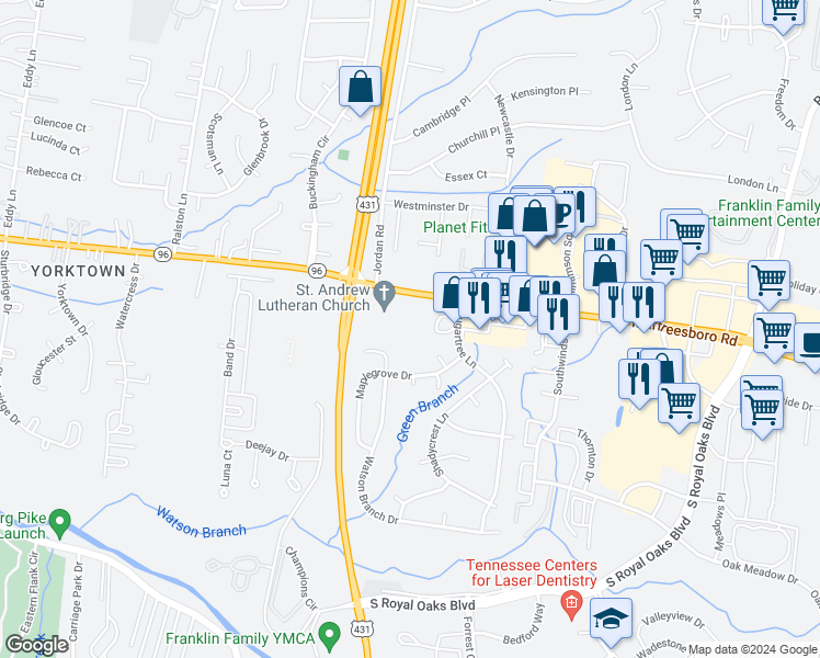map of restaurants, bars, coffee shops, grocery stores, and more near 910 Murfreesboro Road in Franklin