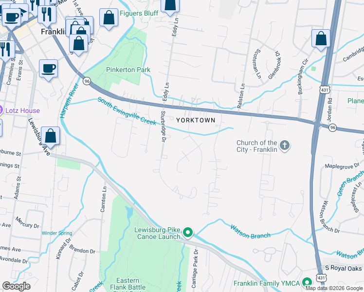 map of restaurants, bars, coffee shops, grocery stores, and more near 1103 Colonial Court in Franklin