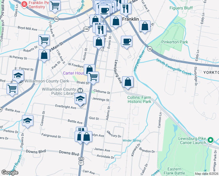 map of restaurants, bars, coffee shops, grocery stores, and more near 1119 Parkview Drive in Franklin