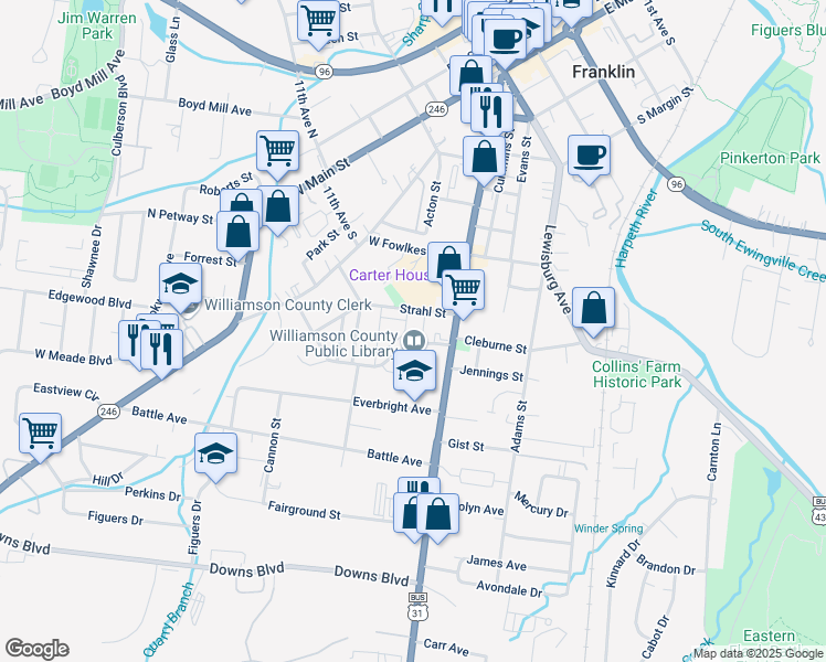map of restaurants, bars, coffee shops, grocery stores, and more near 131 Strahl Street in Franklin