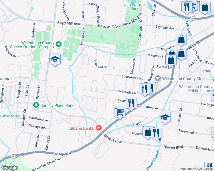 map of restaurants, bars, coffee shops, grocery stores, and more near 650 Edgewood Boulevard in Franklin