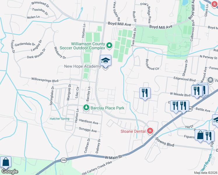 map of restaurants, bars, coffee shops, grocery stores, and more near 816 Charming Court in Franklin