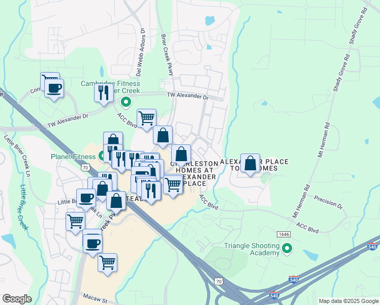 map of restaurants, bars, coffee shops, grocery stores, and more near 7765 Courtney Estates Drive in Raleigh