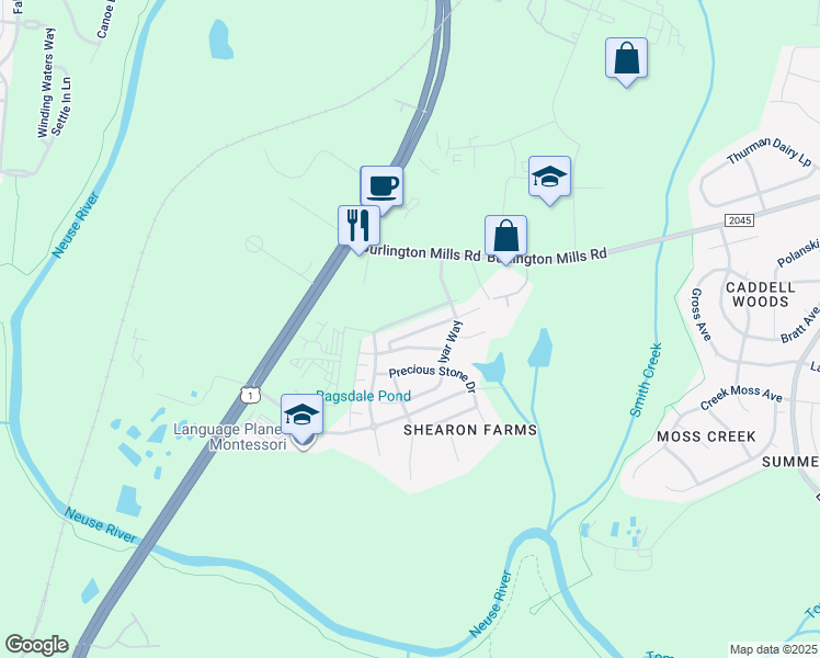 map of restaurants, bars, coffee shops, grocery stores, and more near 4459 Middletown Drive in Wake Forest