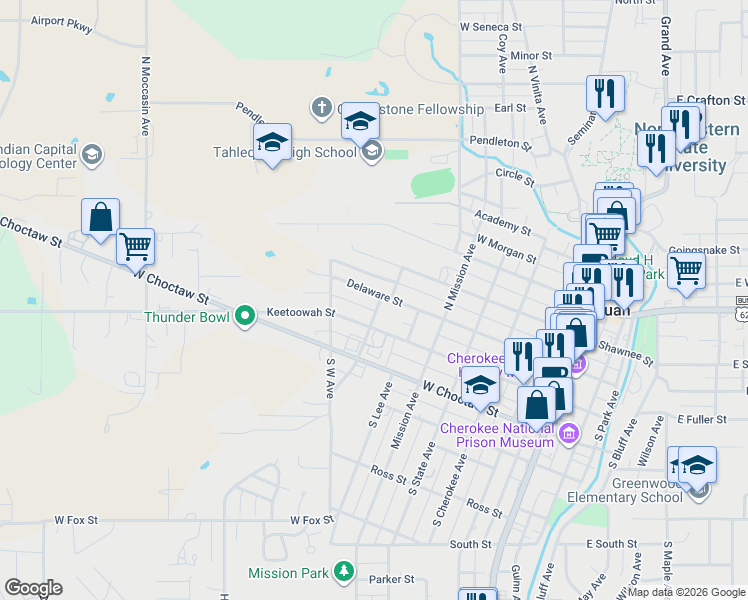 map of restaurants, bars, coffee shops, grocery stores, and more near 713 West Delaware Street in Tahlequah
