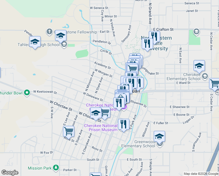 map of restaurants, bars, coffee shops, grocery stores, and more near 225 West Downing Street in Tahlequah
