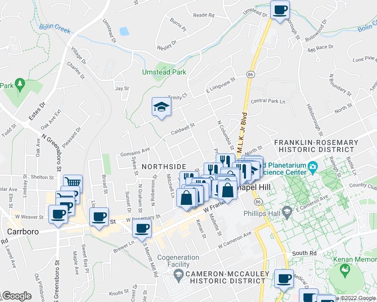 map of restaurants, bars, coffee shops, grocery stores, and more near 308 McDade Street in Chapel Hill