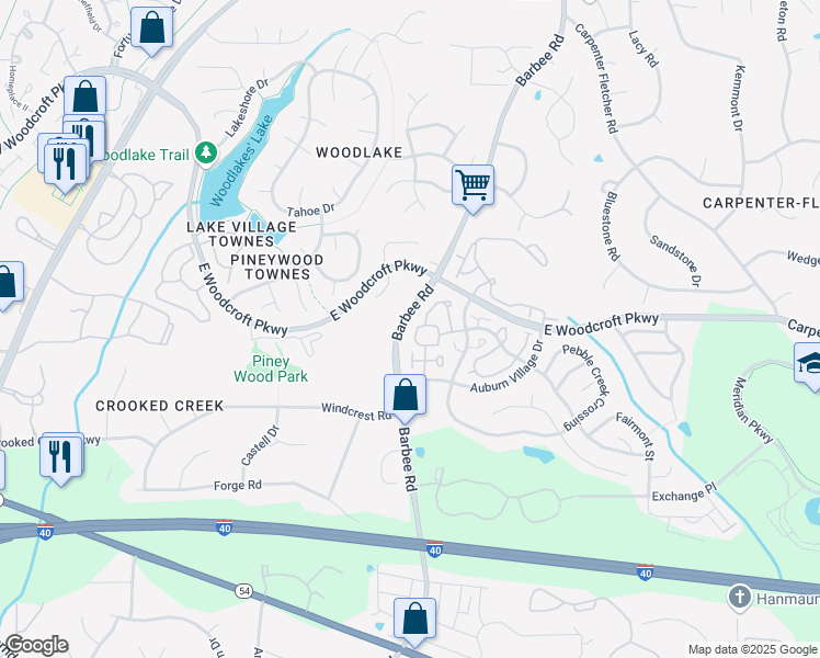 map of restaurants, bars, coffee shops, grocery stores, and more near 518 Auburn Square Drive in Durham