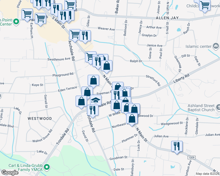 map of restaurants, bars, coffee shops, grocery stores, and more near 11543 North Main Street in Archdale