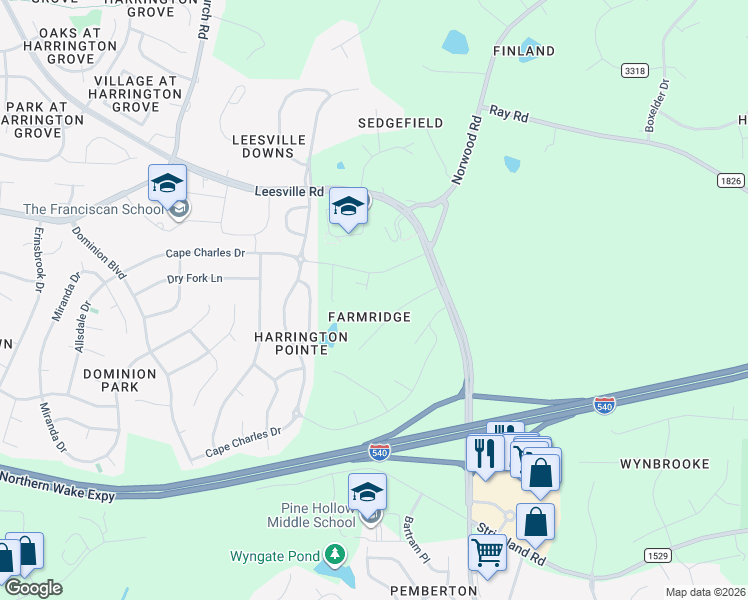 map of restaurants, bars, coffee shops, grocery stores, and more near 10804 Allen Court in Raleigh