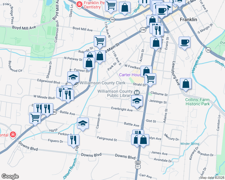 map of restaurants, bars, coffee shops, grocery stores, and more near 251 Strahl Street in Franklin