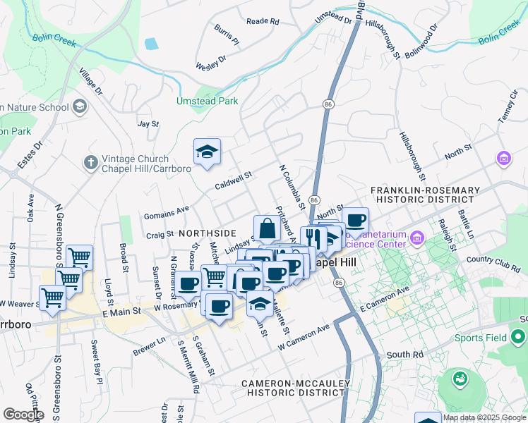 map of restaurants, bars, coffee shops, grocery stores, and more near 4 Clark Court in Chapel Hill