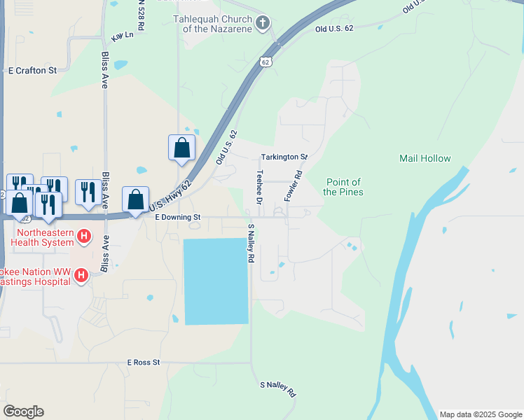 map of restaurants, bars, coffee shops, grocery stores, and more near 301 South Teehee Drive in Tahlequah