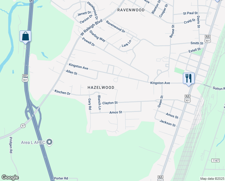 map of restaurants, bars, coffee shops, grocery stores, and more near 715 Haggerty Trail in Rocky Mount