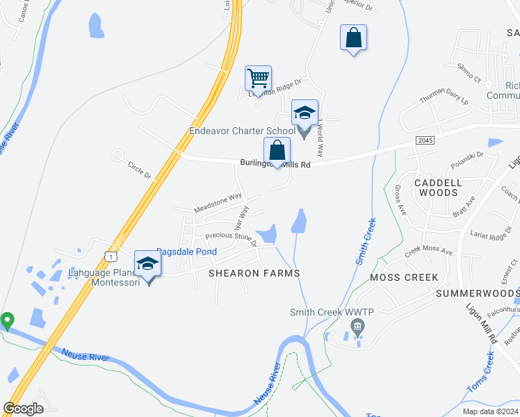 map of restaurants, bars, coffee shops, grocery stores, and more near 4517 Tarkiln Place in Wake Forest