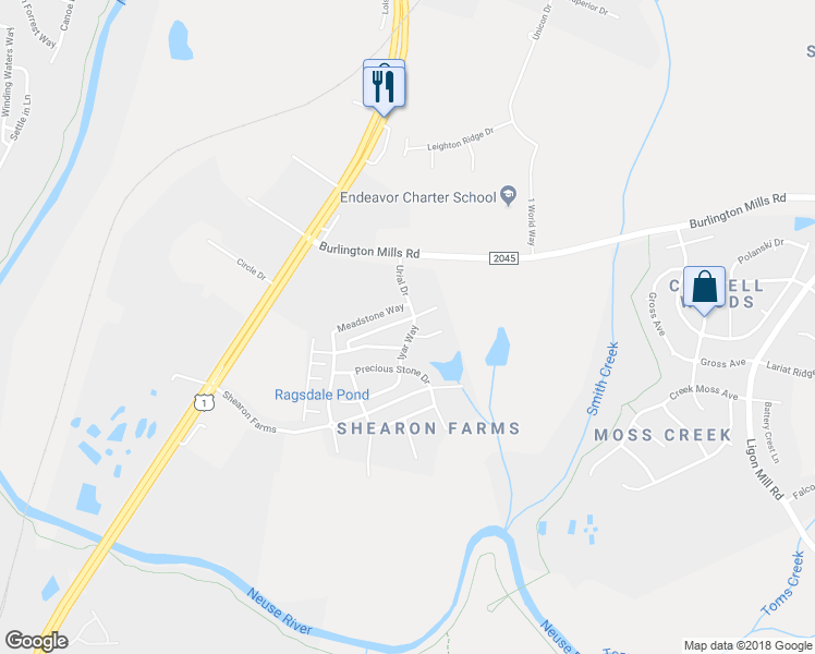 map of restaurants, bars, coffee shops, grocery stores, and more near 4443 Iyar Way in Wake Forest