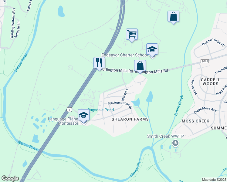map of restaurants, bars, coffee shops, grocery stores, and more near 4459 Middletown Drive in Wake Forest