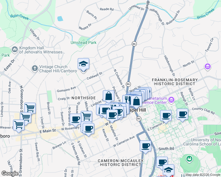 map of restaurants, bars, coffee shops, grocery stores, and more near 411 Pritchard Avenue in Chapel Hill