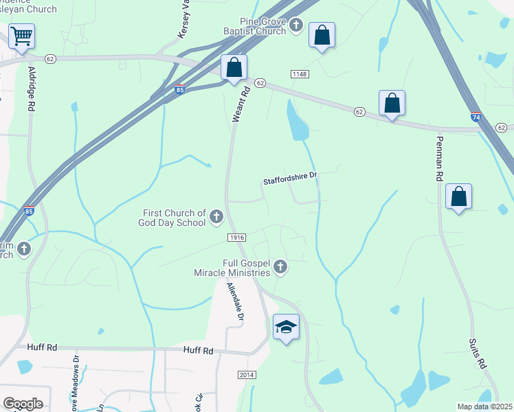 map of restaurants, bars, coffee shops, grocery stores, and more near 3751 Chadwick Drive in Archdale