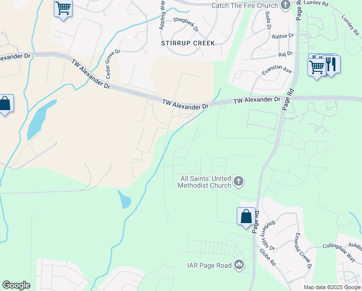 map of restaurants, bars, coffee shops, grocery stores, and more near 109 Journey Place in Durham