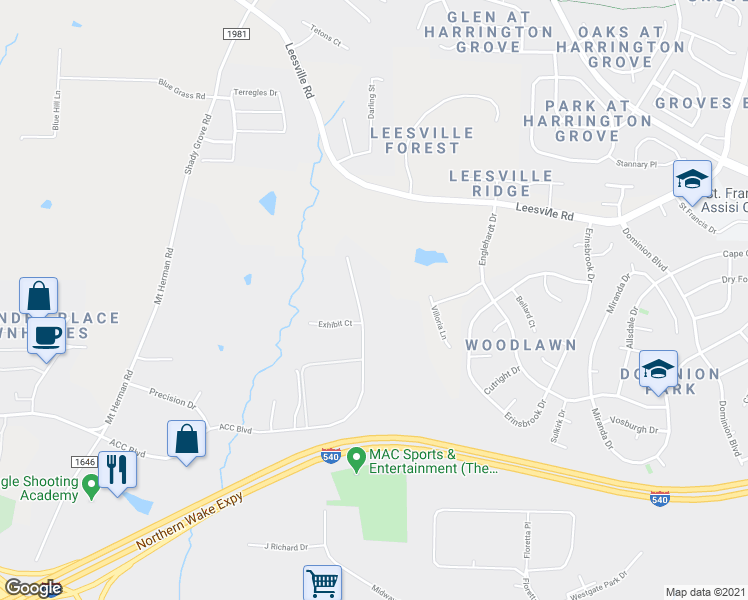 map of restaurants, bars, coffee shops, grocery stores, and more near 7231 ACC Boulevard in Raleigh